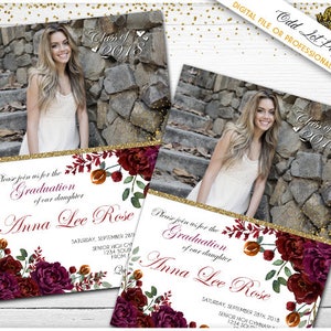 Senior afstuderen afstuderen uitnodiging sjabloon, Senior fotografie, aankondiging van afstuderen, afstuderen Sjablonen Merlot Floral