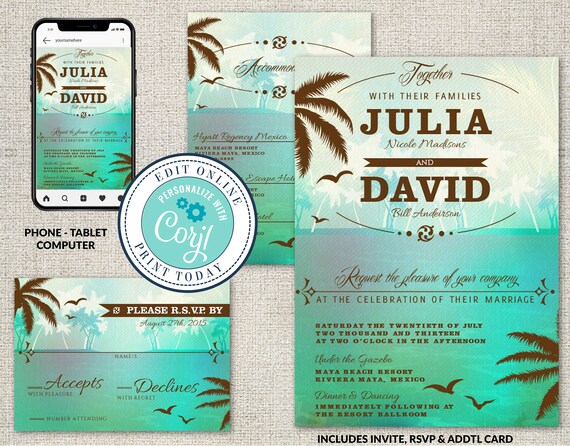 Set of 3, Wedding Invitation, RSVP and Insert Card Template, Palm Tree Beach Scene, Tropical Destination Wedding, Editable Corjl File Il_570xn