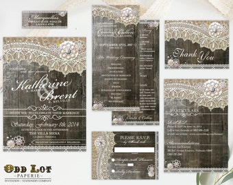 Rustic Wood Lace Wedding Stationery, Wedding Invitation, Printable wedding invitation, Rustic Invitation, Rustic Wedding ~ Wood Lace