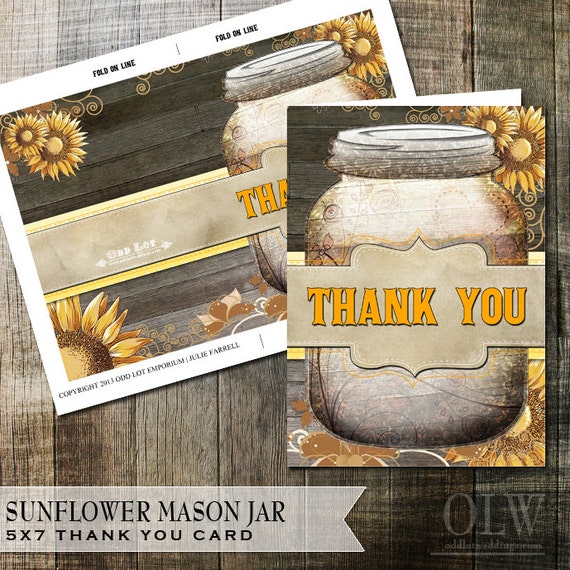 Rustic Sunflower Thank You Cards, Mason Jar Thanks, Country Rustic Floral Thank You Card, Printable Greeting Cards, DIY Folded Thank you Il_570xn