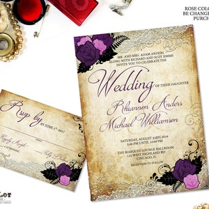 Gothic Hochzeitseinladungen Rose und Vintage Spitze Ausgefallene Hochzeit Invite Set Printable Vintage Goth Hochzeit Briefpapier Karten DIY