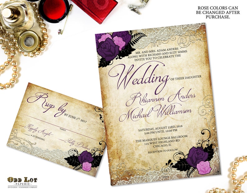 Gothic Wedding Invitations Rose And Vintage Lace Offbeat Etsy