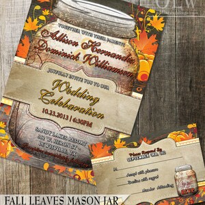 Rustic Mason Jar Invitation de mariage et RSVP Invitation imprimable Éléments en bois rustique Feuilles d’automne citrouilles mariage de pays