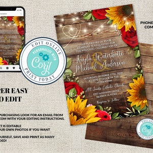 Invitación de boda de girasol y rosas, boda rústica, rosas rojas, invitación de girasol editable digital, descarga instantánea de Corjl, diY