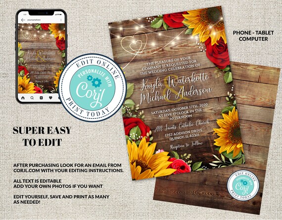 Sunflower and Roses Wedding Invitation, Rustic Wedding, Red Roses, Editable Sunflower Invitation Digital, Corjl INSTANT DOWNLOAD, diY Il_570xn