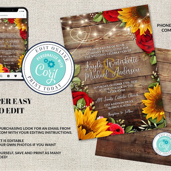Sunflower and Roses Wedding Invitation, Rustic Wedding, Red Roses, Editable  Sunflower Invitation Digital, Corjl INSTANT DOWNLOAD, diY