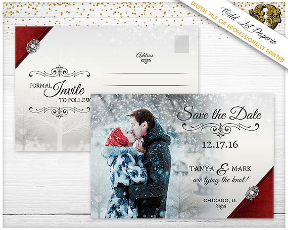Holiday Save the Date Winter Wonderland Christmas Wedding Announcement Photo Engagement Postcard Christmas Snowflakes Xmas Save the date Il_570xn