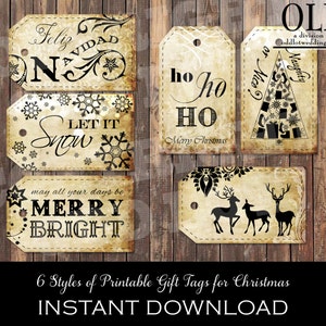 Black and Vintage Christmas Tags, Christmas Tags Printable, Christmas Printable, Christmas tags, Holiday Tags, Let it snow Tags, Snowflakes image 2