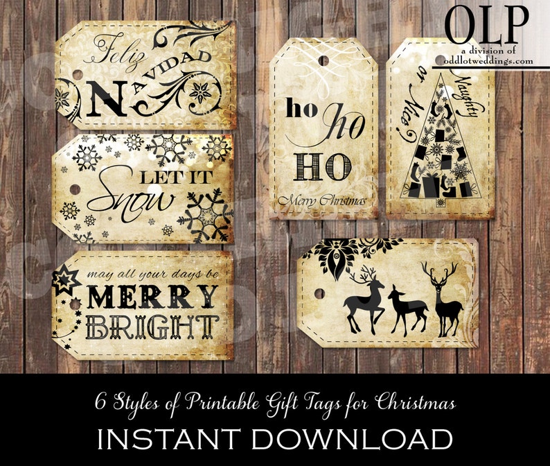 Black and Vintage Christmas Tags, Christmas Tags Printable, Christmas Printable, Christmas tags, Holiday Tags, Let it snow Tags, Snowflakes image 2