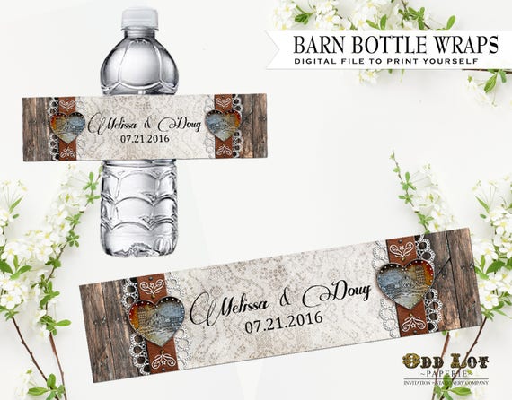 Rustic Vintage Barn and Heart Water Bottle Wrap Country Rustic Printable Bottle Wrap party favor Barn Wedding Customized Party Printable Il_570xn