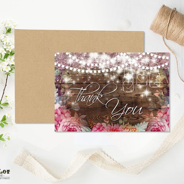 Rustic Spring  thank you card Summer Wedding Greeting card pink florals on wood background urban boho floral INSTANT DOWNLOAD printable card