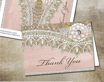 Rustic Lace Thank You Card | Pink Rustic Vintage Lace on wood Thank you Card | Printable Folded Card DIY INSTANT DOWNLOAD