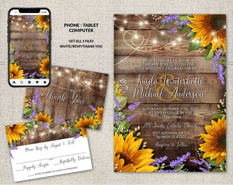 Sunflower Lilac Wedding Invitation Set: Rustic Country Design (DIY Corjl Instant Download)