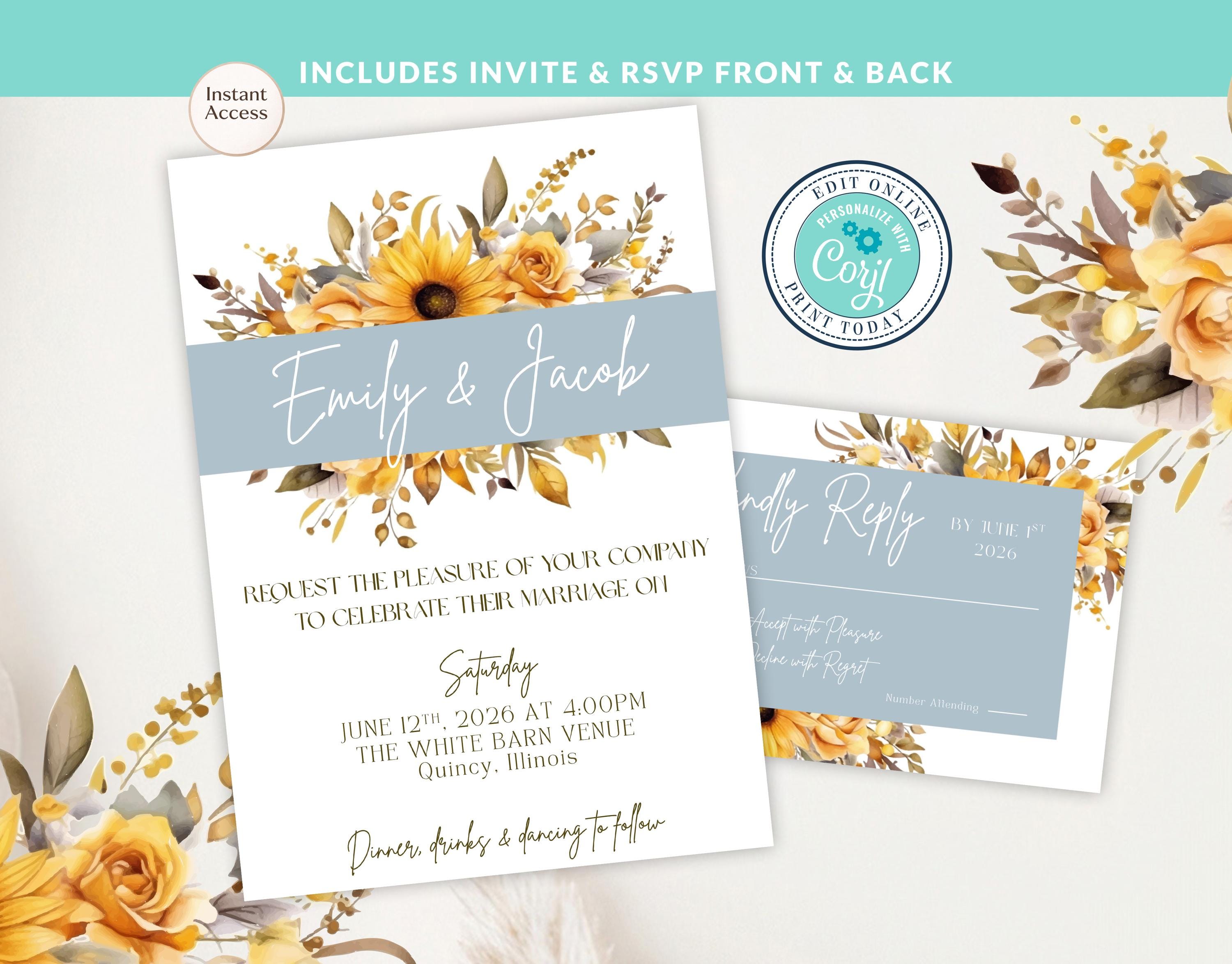 Sunflower Dusty Blue Wedding Invitation Set Editable Template