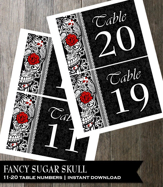 Sugar Skull Table Numbers, Wedding Table Numbers 11-20, DIY Printable 5x7 Table Numbers for Gothic offbeat Wedding Calaveras Day of the Dead Il_570xn