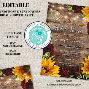 Invitation de douche nuptiale de tournesol et de roses de Bourgogne, mariage rustique, invitation numérique modifiable de tournesol, téléchargement instantané de Corjl, bricolage