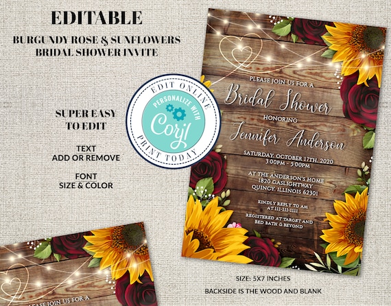 Sunflower and Burgundy Roses Bridal Shower Invitation, Rustic Wedding, Editable Sunflower Invitation Digital, Corjl INSTANT DOWNLOAD, diY Il_570xn