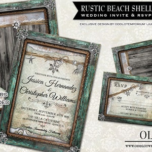 Faire-part de mariage de plage rustique et RSVP carte | Perles de coquillages, cadres rustique, Vintage Lace. | Mariage de destination DIY Invitation plage