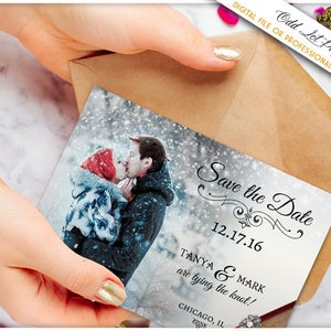 Salve a data, anúncio de casamento no país das maravilhas do inverno, cartão postal 4x6, casamento no inverno, flocos de neve
