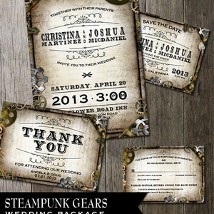 Steampunk matrimonio stazionario-RSVP-invito-grazie-salvare la data-con più ingranaggi su carta pergamena distressed sfondo finto.