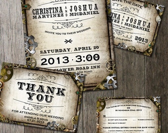 Steampunk Wedding Stationary -RSVP-Invitation-Thank You-Save the Date-- with multiple gears on distressed parchment paper faux background.