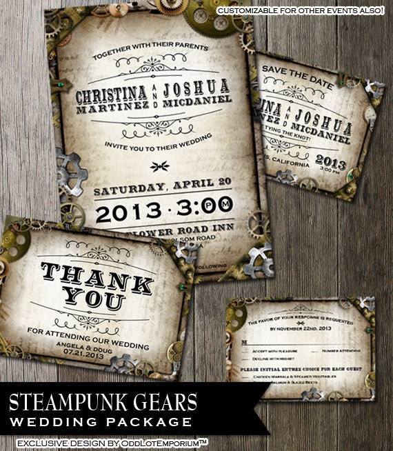 Steampunk Wedding Stationary -RSVP-Invitation-Thank You-Save the Date-- with multiple gears on distressed parchment paper faux background. Il_570xn