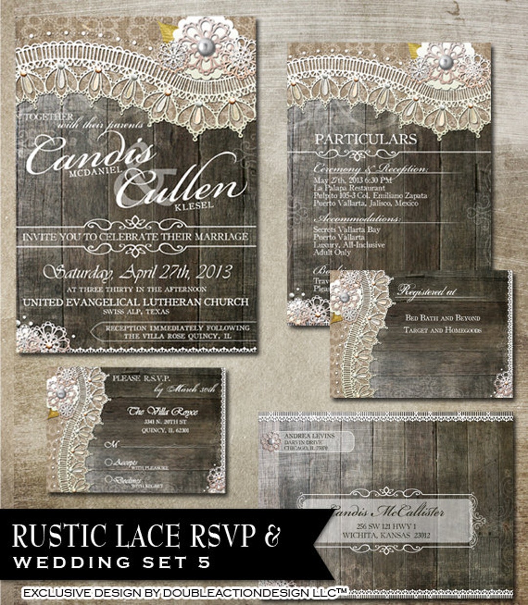 Rustic Lace Wedding Package RSVP Invitation Gift Registry Card