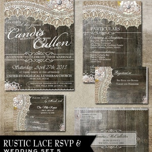 Package de mariage de dentelle rustique - RSVP Invitation cadeau Registre détails carte et enveloppe A7. Éléments de toile de jute, dentelle et vintage