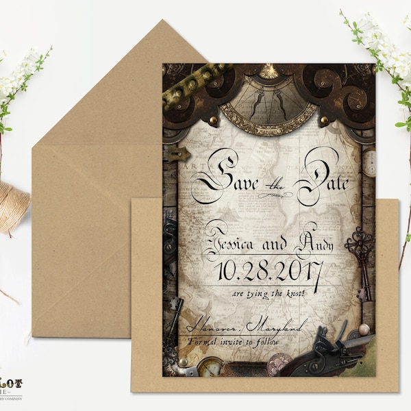 Pirate Save the Date Nautical Postcard Wedding Announcement Card Offbeat Steampunk Old World Printable Invite Renaissance Map Compass Gun