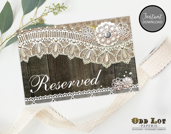 Printable Rustic Reserved Table Tent Card Wedding Reserved Sign, Rustic Lace Reserved Reception Card Instant Download Printable ~Wood Lace Il_570xn