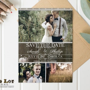 印刷可能または印刷された写真のSave the Dateカード、素朴なSave the Date、印刷可能なウェディングカード、素朴な木製レース、カスタムフォトコラージュウェディング