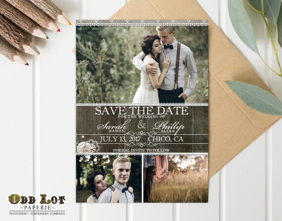 Printable or Printed Photo Save the Date Card, Rustic Save the Dates, Printable Wedding Card, Rustic Wood Lace, Custom Photo Collage Wedding Il_570xn