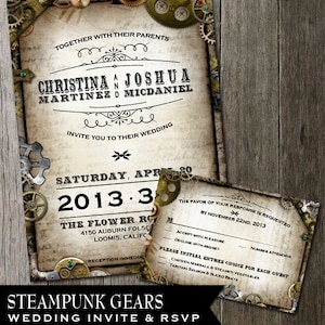 Faire-part de mariage steampunk & RSVP carte avec plusieurs engrenages sur fond de faux papier parchemin vieilli. Digital imprimable