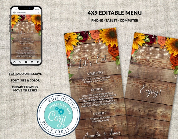 Wedding Cards, Weddng Menu, Printable Menu, Rustic Fall Sunflowers Roses Menu Tempalte, Dinner Menu, Edit in Corjl, Customizable Il_570xn