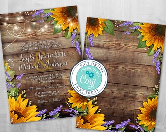 Invitación de boda con diseño de girasol lila, diseño rústico (descarga instantánea de Corjl DIY), invitación de boda de verano, edita tú mismo