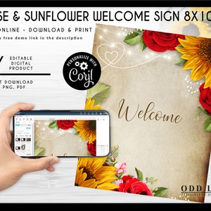 Editable Custom Sign, Printable Sign, Welcome Sign, Sunflowers and Roses, Rustic Wedding Sign, DIY Corjl Instant Download image 1