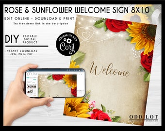 Editable Custom Sign, Printable Sign, Welcome Sign, Sunflowers and Roses, Rustic Wedding Sign, DIY Corjl Instant Download