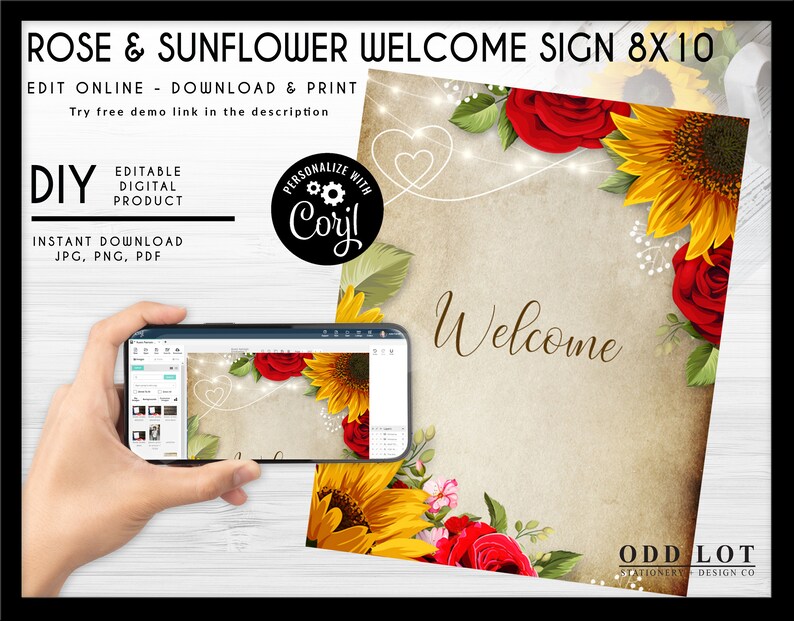 Editable Custom Sign, Printable Sign, Welcome Sign, Sunflowers and Roses, Rustic Wedding Sign, DIY Corjl Instant Download image 1