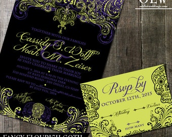 Gothic Flourish Lime and Black Wedding Invitation and RSVP Digital Invitation