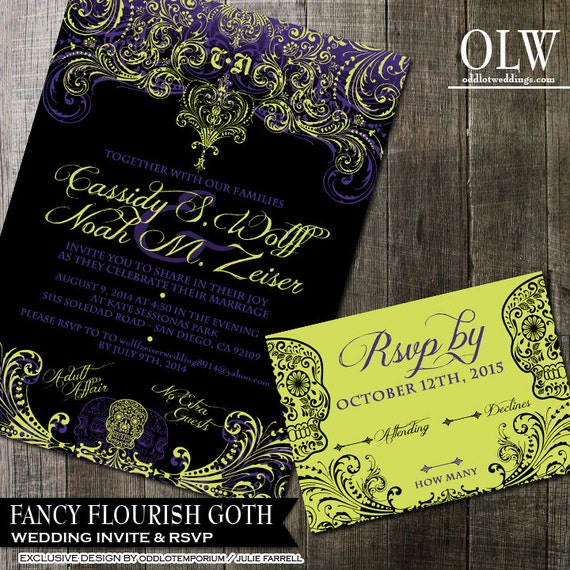 Gothic Flourish Lime and Black Wedding Invitation and RSVP Digital Invitation Il_570xn