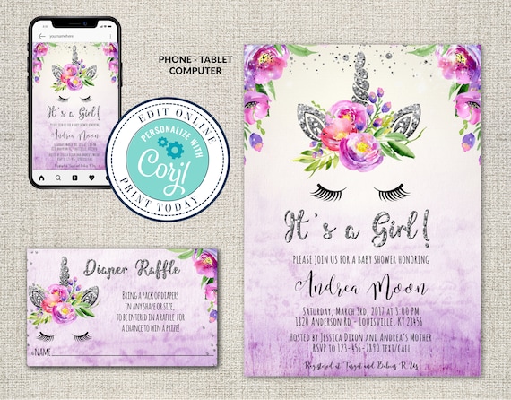 Unicorn Baby Shower Invitation, Magical Unicorn Baby Shower Printable, Floral Unicorn Baby Shower, EDITABLE, INSTANT DOWNLOAD, Corjl Il_570xn