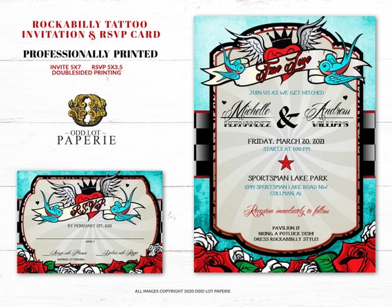 Rockabilly Wedding, Professionally Printed Invitation and RSVP, Rockabilly Invitation, Offbeat Wedding Stationery, Rock N Roll, Cardstock Il_570xn