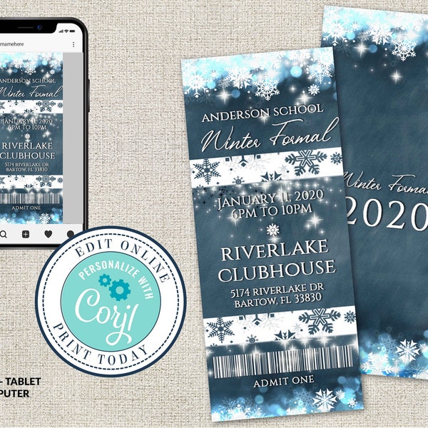 Winter Wonderland Invitation, Snowflake Invite, Winter Birthday Invitation , Prom Ticket, Event Ticket, Printable Editable Corjl Invitation