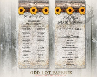 Rustic Sunflower Wedding Programs, Rustic Wood Plank Sunflower & Lace Wedding Ceremony Programs, DIY Rustic Sunflower Wedding Printable