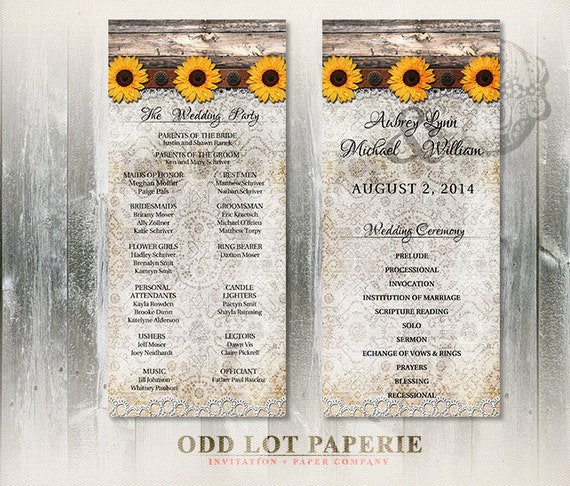 Rustic Sunflower Wedding Programs Rustic Wood Plank Sunflower