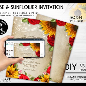 Invitación de boda de rosas y girasoles con fondo de pergamino. Invitación editable de girasoles y rosas, rosas rojas, archivo Corjl editable, bricolaje