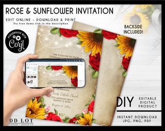 Rose & Sunflower Wedding Invitation with Parchment Background. Sunflowers and Roses Editable Invite, Red Roses, Editable Corjl File, DIY