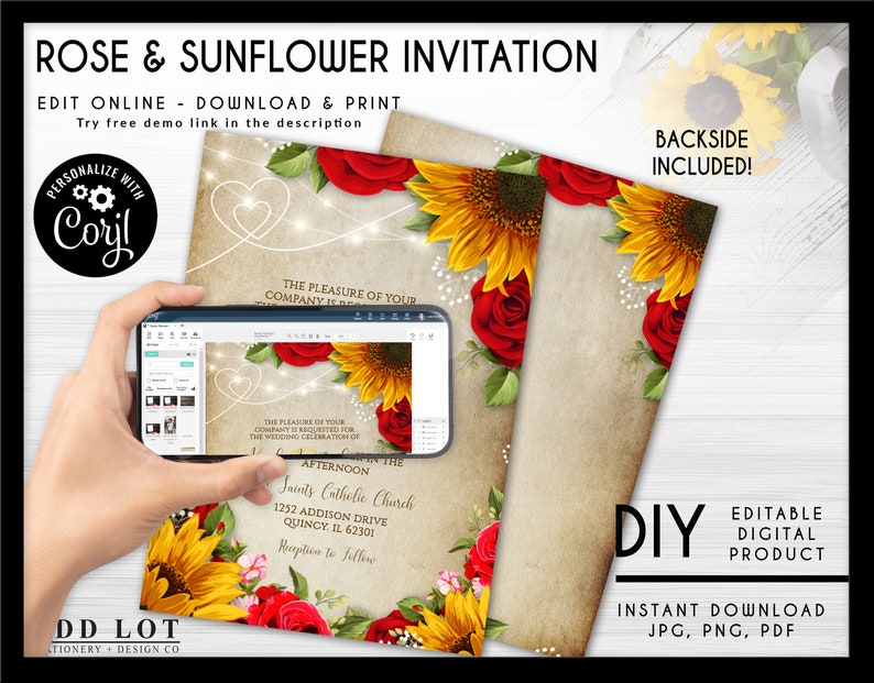 Rose & Sunflower Wedding Invitation with Parchment Background. Sunflowers and Roses Editable Invite, Red Roses, Editable Corjl File, DIY image 1