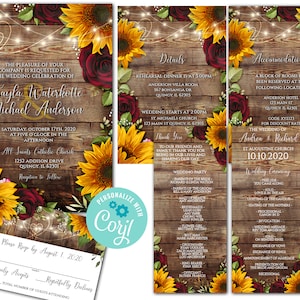 Productos de boda de girasol y rosa de Borgoña, archivos de invitación de boda Editabl corjl, 5 artículos para una boda rústica, paquete de invitación digital