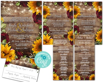 Sunflower and Burgundy Rose Wedding Products, Editabl corjl wedding invite files , 5 items for A rustic Wedding, Digital Invitation Package